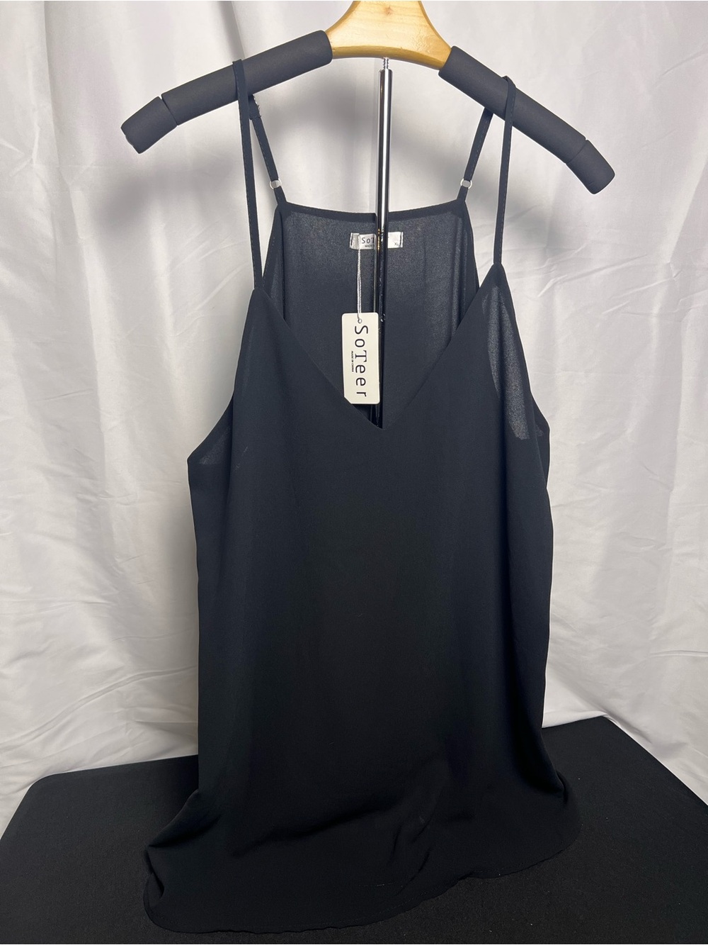 SoTeer Black Chiffon Cami Tank Top V-Neck Adjustable Straps NWT XL